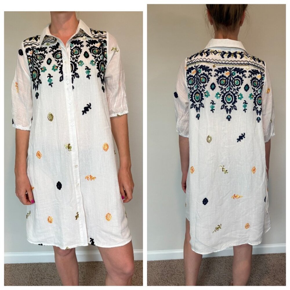 NWT Anthropologie Kindred Petite   Shirt Dress Embroidered  M-L